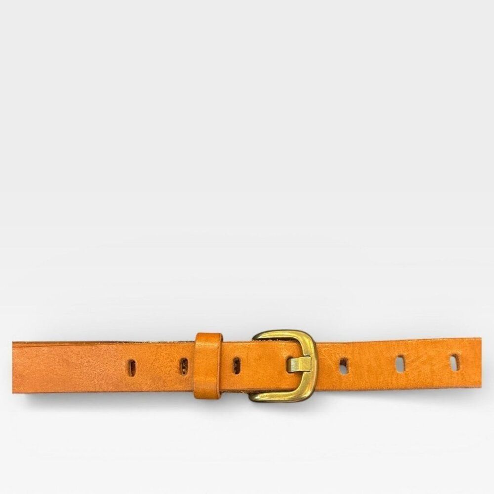 J.Crew Whiskey Tan Leather Belt S/M Brass Hardware Oval Punch Holes Frame Buckle